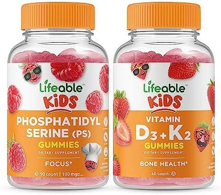 Lifeable Phosphatidylserine (Ps) Kids + Vitamin D3 + Vitamin K2 Kids Gummies Bundle Great Tasting Vitamin Supplement Gluten Gmo Chewable Gummy