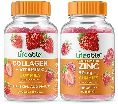 Lifeable Collagen & Vitamin C + Zinc 50Mg Gummies Bundle Great Tasting Vitamin Supplement Gluten Gmo Chewable Gummy