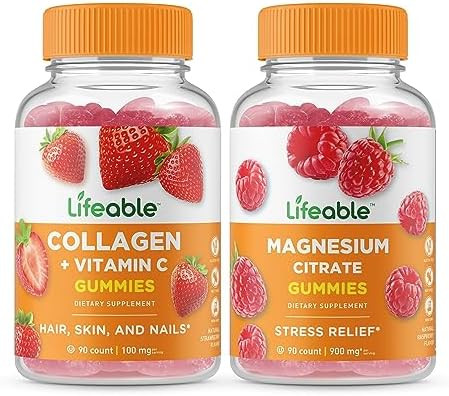 Lifeable Collagen & Vitamin C + Magnesium Gummies Bundle Great Tasting Vitamin Supplement Gluten Gmo Chewable Gummy
