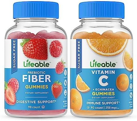 Lifeable Sugar Prebiotic Fiber + Vitamin C Gummies Bundle Great Tasting Vitamin Supplement Gluten Gmo Chewable Gummy