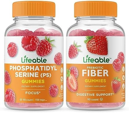 Lifeable Phosphatidylserine (Ps) + Prebiotic Fiber 5G Gummies Bundle Great Tasting Vitamin Supplement Gluten Gmo Chewable Gummy