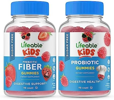 Lifeable Sugar Preciotic Fiber Kids + Probiotic + Prebiotic Fiber Kids Gummies Bundle Great Tasting Vitamin Supplement Gluten Gmo Chewable Gummy