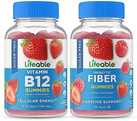 Lifeable Sugar Vitamin B12 + Prebiotic Fiber Gummies Bundle Great Tasting Vitamin Supplement Gluten Gmo Chewable Gummy