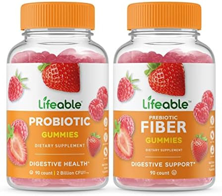 Lifeable Probiotic 2 Billion Cfu + Prebiotic Fiber 5G Gummies Bundle Great Tasting Vitamin Supplement Gluten Gmo Chewable Gummy