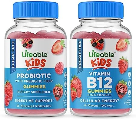 Lifeable Sugar Probiotic + Prebiotic Fiber Kids + Vitamin B12 Kids Gummies Bundle Great Tasting Vitamin Supplement Gluten Gmo Chewable Gummy