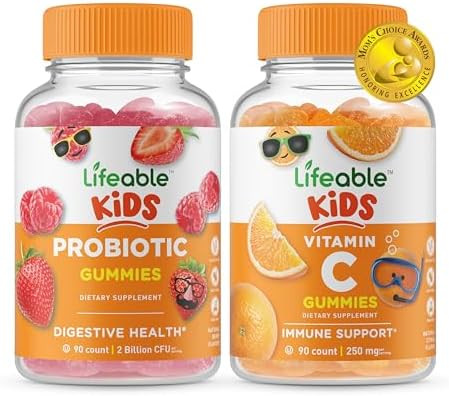 Lifeable Probiotic 2 Billion Cfu Kids + Vitamin C Kids Gummies Bundle Great Tasting Vitamin Supplement Gluten Gmo Chewable Gummy
