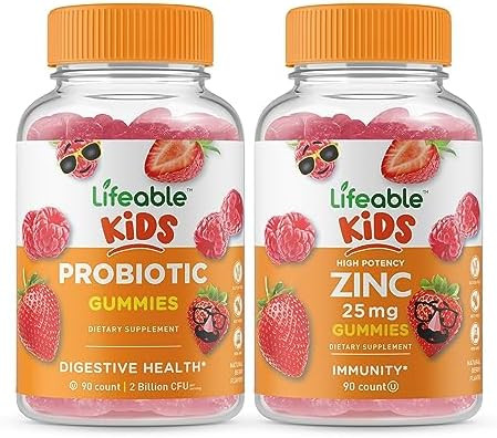 Lifeable Probiotic 2 Billion Cfu Kids + Zinc 25Mg Kids Gummies Bundle Great Tasting Vitamin Supplement Gluten Gmo Chewable Gummy