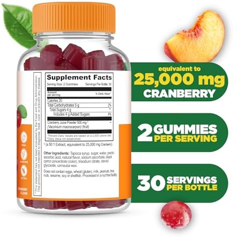 Lifeable Cranberry Gummies For Women 25000 Mg Equivalency Great Tasting Cranberry Supplement For Urinary Tract Health Bladder & Kidney Support Vegan And Non Gmo Cranberries 60 Count