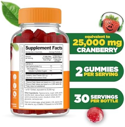 Lifeable Cranberry Gummies For Kids 25000 Mg Equivalency Great Tasting Cranberry Supplement For Urinary Tract Health Bladder & Digestive Support Vegan And Non Gmo Cranberries 60 Count