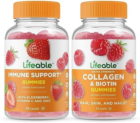 Lifeable Immune Support + Collagen & Biotin Gummies Bundle Great Tasting Vitamin Supplement Gluten Gmo Chewable Gummy