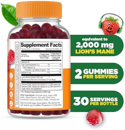 Lifeable Lions Mane Gummies For Kids Great Tasting Lions Mane Mushroom Supplement Vegan Kosher Nongmo Kids Mushroom Gummies Brain Support 60 Count