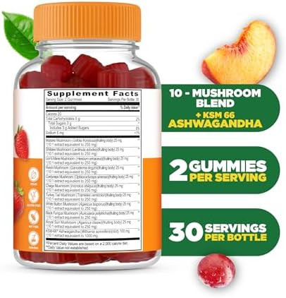 Lifeable Mushroom Gummies For Adults 10 Mushroom Complex Blend With Ashwagandha Ksm66 Vegan Kosher Nongmo Mushroom Supplement Extract Great Tasting Focus & Energy Support 60 Gummies