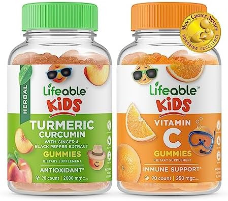 Lifeable Turmeric Curcumin Kids + Vitamin C Kids Gummies Bundle Great Tasting Vitamin Supplement Gluten Gmo Chewable Gummy