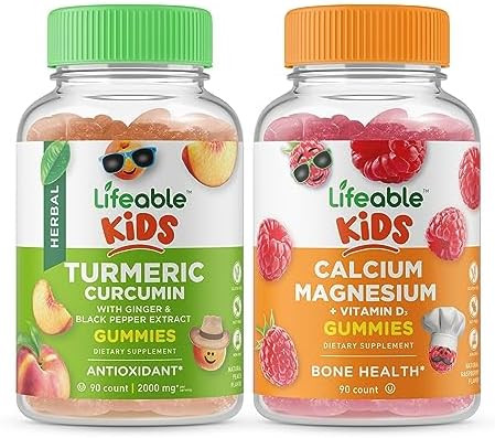 Lifeable Turmeric Curcumin Kids + Calcium Magnesium Kids Gummies Bundle Great Tasting Vitamin Supplement Gluten Gmo Chewable Gummy