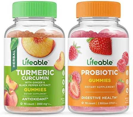 Lifeable Turmeric Curcumin + Probiotic 2 Billion Cfu Gummies Bundle Great Tasting Vitamin Supplement Gluten Gmo Chewable Gummy