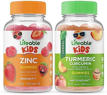 Lifeable Zinc Kids + Turmeric Curcumin Kids Gummies Bundle Great Tasting Vitamin Supplement Gluten Gmo Chewable Gummy