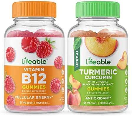 Lifeable Vitamin B12 + Turmeric Curcumin Gummies Bundle Great Tasting Vitamin Supplement Gluten Gmo Chewable