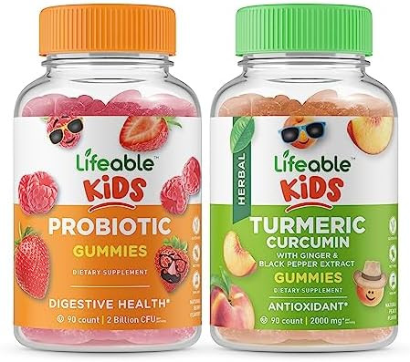 Lifeable Probiotic 2 Billion Cfu Kids + Turmeric Curcumin Kids Gummies Bundle Great Tasting Vitamin Supplement Gluten Gmo Chewable Gummy