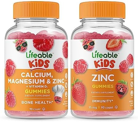 Lifeable Calcium Magnesium & Zinc Kids + Zinc Kids Gummies Bundle Great Tasting Vitamin Supplement Gluten Gmo Chewable Gummy