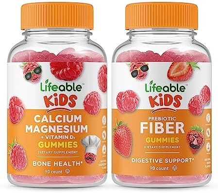 Lifeable Calcium Magnesium Kids + Prebiotic Fiber Kids Gummies Bundle Great Tasting Vitamin Supplement Gluten Gmo Chewable Gummy