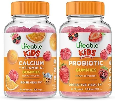 Lifeable Calcium With Vitamin D Kids + Probiotic 2 Billion Cfu Kids Gummies Bundle Great Tasting Vitamin Supplement Gluten Gmo Chewable Gummy