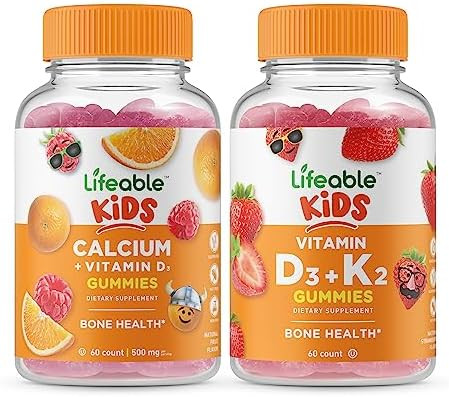 Lifeable Calcium With Vitamin D Kids + Vitamin D3 + Vitamin K2 Kids Gummies Bundle Great Tasting Vitamin Supplement Gluten Gmo Chewable Gummy