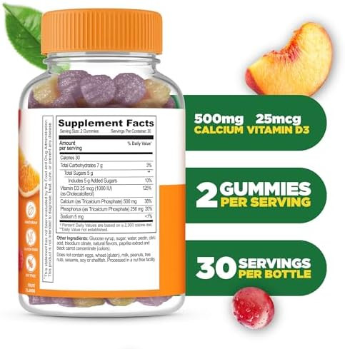 Lifeable Calcium With Vitamin D3 Gummies Calcium 500 Mg D3 1000 Iu Great Tasting Bone Strength Supplements For Bone Health Calcium Gummies For Women Men 60 Gummies