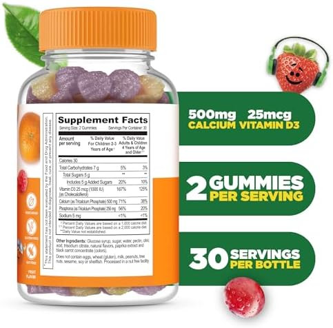 Lifeable Kids Calcium Gummies With Vitamin D3 500 Mg Calcium With Vitamin D3 1000 Iu Great Tasting Calcium Supplement For Kids For Bone Health And Teeth Growth 60 Gummies
