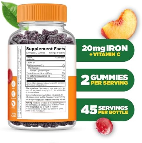 Lifeable Iron Gummies 20Mg With Vitamin C Great Tasting Blood Builder Iron Supplement Iron With Vitamin C For Iron Deficiency Iron Gummies For Women Men Adults 90 Gummies