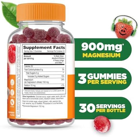 Lifeable Magnesium Gummies For Kids 900Mg Magnesium Citrate Great Tasting Kids Magnesium Supplement Gluten Muscle Support And Stress Relief Chewable 90 Gummies