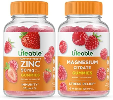 Lifeable Zinc 50Mg + Magnesium Gummies Bundle Great Tasting Vitamin Supplement Gluten Gmo Chewable Gummy