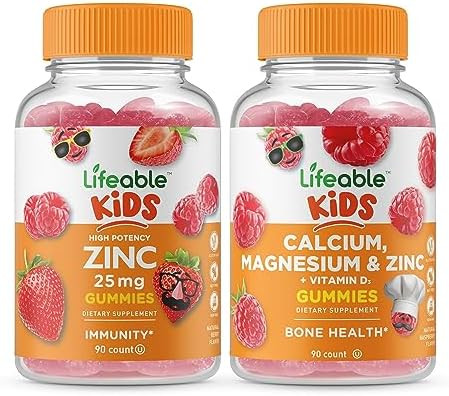Lifeable Zinc 25Mg Kids + Calcium Magnesium & Zinc Kids Gummies Bundle Great Tasting Vitamin Supplement Gluten Gmo Chewable Gummy