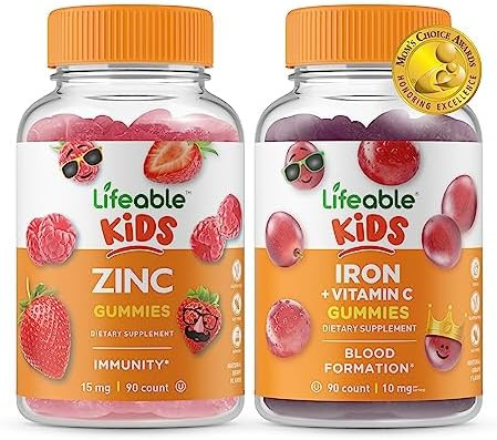 Lifeable Zinc Kids + Iron & Vitamin C Kids Gummies Bundle Great Tasting Vitamin Supplement Gluten Gmo Chewable Gummy