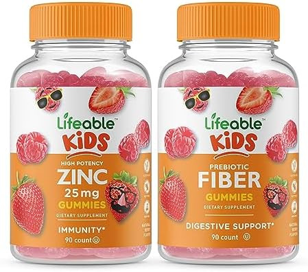 Lifeable Zinc 25Mg Kids + Prebiotic Fiber Kids Gummies Bundle Great Tasting Vitamin Supplement Gluten Gmo Chewable Gummy