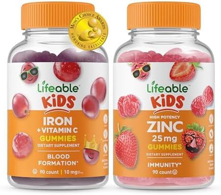 Lifeable Iron & Vitamin C Kids + Zinc 50Mg Gummies Bundle Great Tasting Vitamin Supplement Gluten Gmo Chewable Gummy