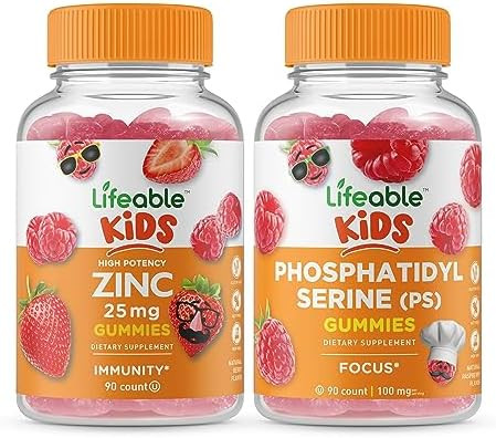 Lifeable Zinc 25Mg Kids + Phosphatidylserine (Ps) Kids Gummies Bundle Great Tasting Vitamin Supplement Gluten Gmo Chewable Gummy