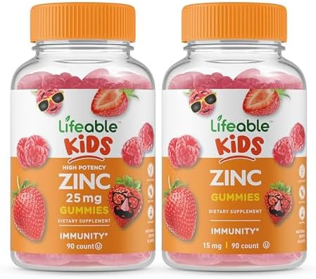 Lifeable Zinc 25Mg Kids + Zinc Kids Gummies Bundle Great Tasting Vitamin Supplement Gluten Gmo Chewable Gummy