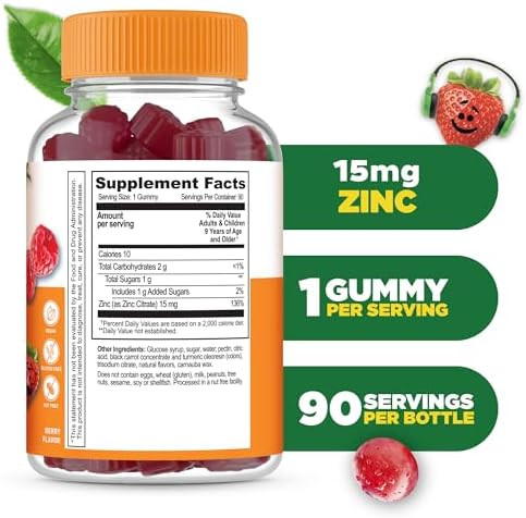 Lifeable Zinc Gummies For Kids 15Mg Great Tasting Kids Zinc Supplements Gmo Vegetarian Zinc Vitamins For Healthy Skin And Immune Support For Kids And Children 90 Gummies