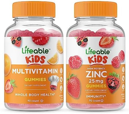 Lifeable Multivitamin Kids + Zinc 25Mg Kids Gummies Bundle Great Tasting Vitamin Supplement Gluten Gmo Chewable Gummy