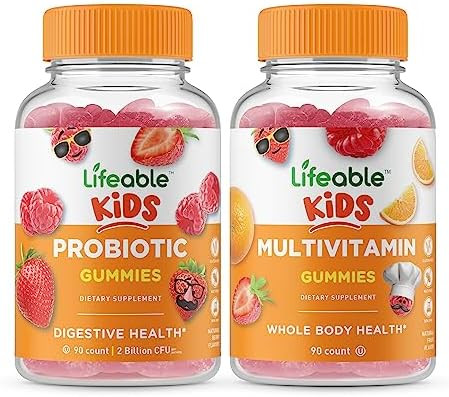 Lifeable Probiotic 2 Billion Cfu Kids + Multivitamin Kids Gummies Bundle Great Tasting Vitamin Supplement Gluten Gmo Chewable Gummy