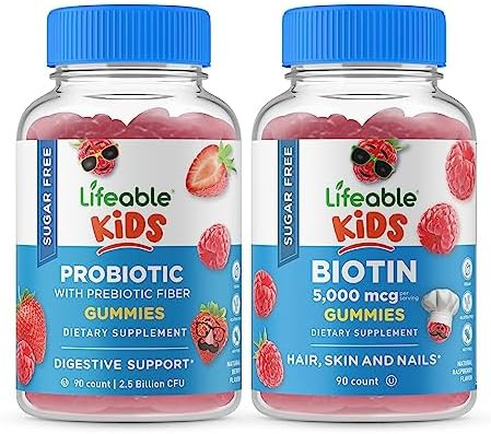 Lifeable Sugar Probiotic + Prebiotic Fiber Kids + Biotin Kids Gummies Bundle Great Tasting Vitamin Supplement Gluten Gmo Chewable Gummy
