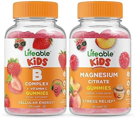 Lifeable B Complex Kids + Magnesium Citrate Kids Gummies Bundle Great Tasting Vitamin Supplement Gluten Gmo Chewable Gummy