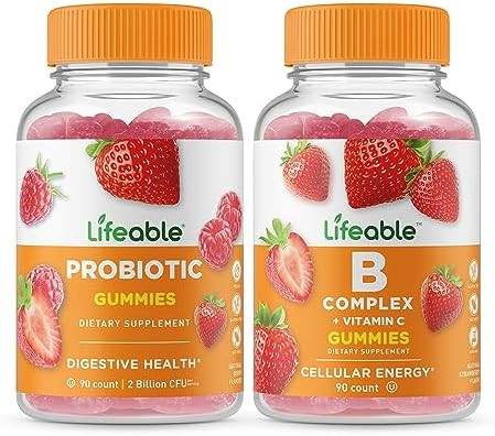 Lifeable Probiotic 2 Billion Cfu + B Complex Gummies Bundle Great Tasting Vitamin Supplement Gluten Gmo Chewable Gummy