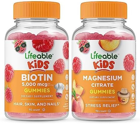 Lifeable Biotin Kids + Magnesium Citrate Kids Gummies Bundle Great Tasting Vitamin Supplement Gluten Gmo Chewable Gummy