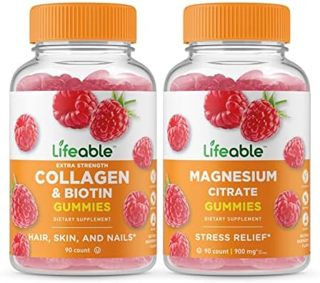 Lifeable Collagen & Biotin + Magnesium Gummies Bundle Great Tasting Vitamin Supplement Gluten Gmo Chewable
