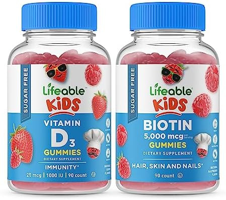 Lifeable Sugar Vitamin D Kids + Biotin Kids Gummies Bundle Great Tasting Vitamin Supplement Gluten Gmo Chewable Gummy