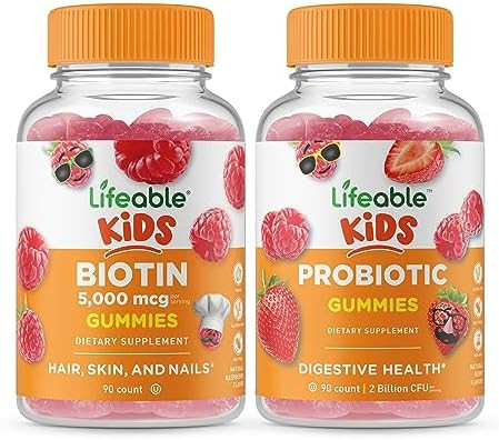 Lifeable Biotin Kids + Probiotic 2 Billion Cfu Kids Gummies Bundle Great Tasting Vitamin Supplement Gluten Gmo Chewable Gummy