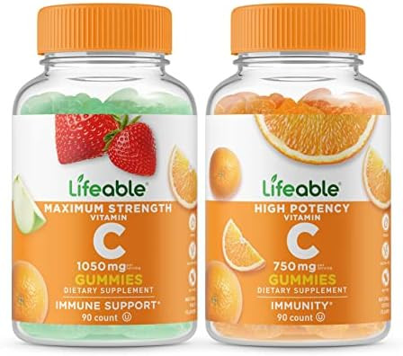 Lifeable Vitamin C 1050Mg + Vitamin C 750Mg Gummies Bundle Great Tasting Vitamin Supplement Gluten Gmo Chewable Gummy