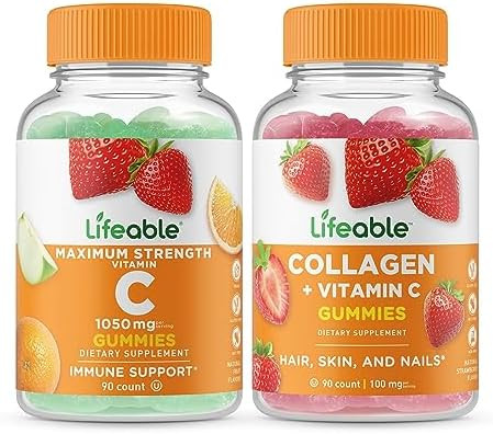 Lifeable Vitamin C 1050Mg + Collagen & Vitamin C Gummies Bundle Great Tasting Vitamin Supplement Gluten Gmo Chewable Gummy