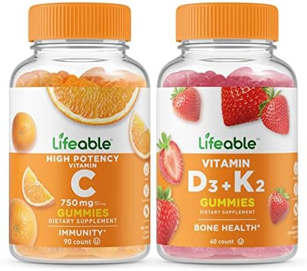 Lifeable Vitamin C 750Mg + Vitamin D3 + Vitamin K2 Gummies Bundle Great Tasting Vitamin Supplement Gluten Gmo Chewable Gummy